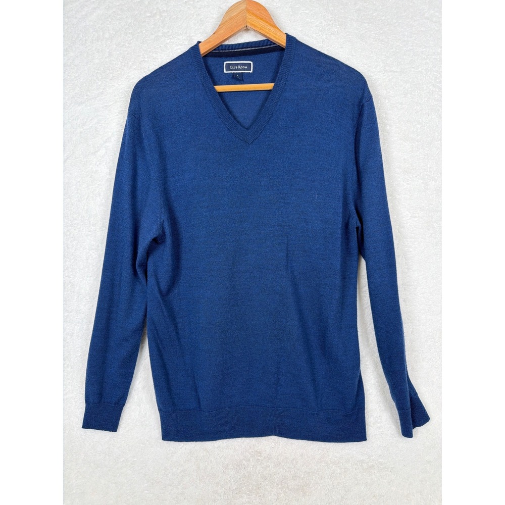 Club Room Sweater Mens Large Blue V-Neck Merino Wool Blend Lightweight Knit